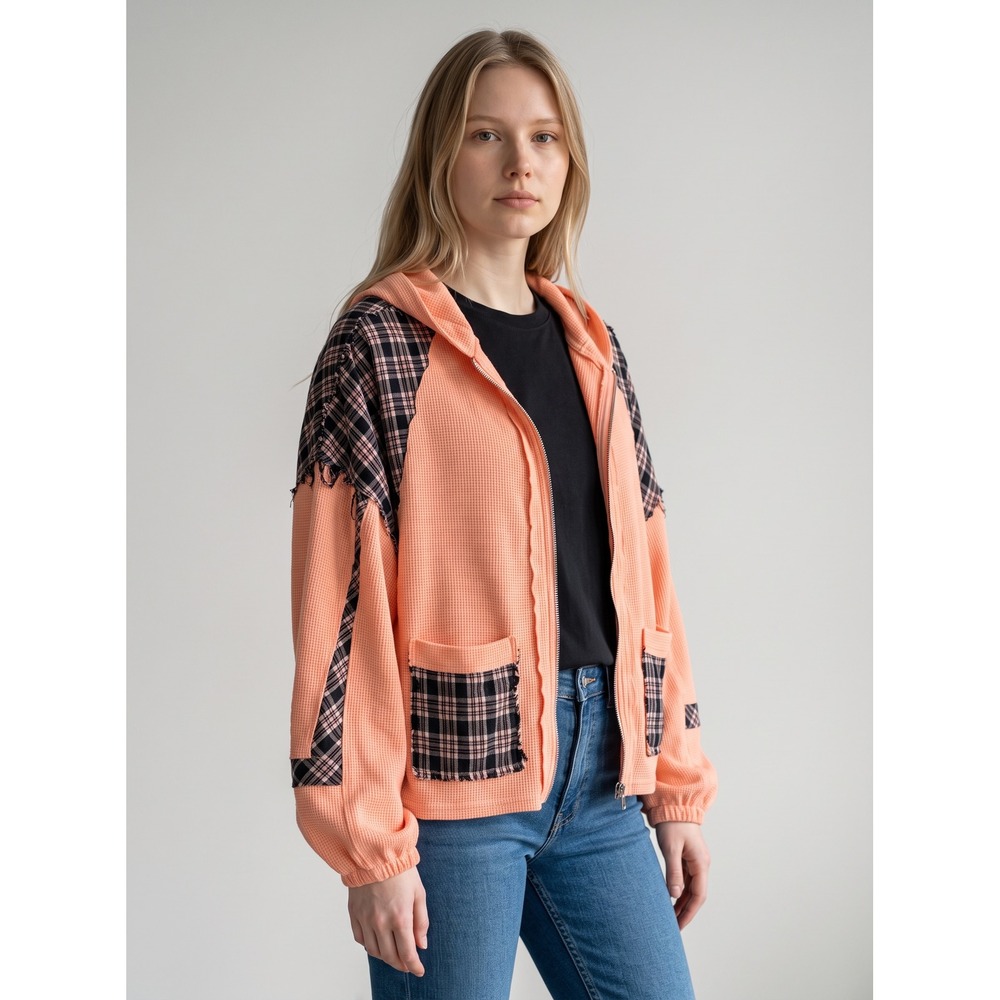 POL Womens Peach Waffle Knit Plaid Flannel Trim Zip Up Hoodie MFT584 Orange M